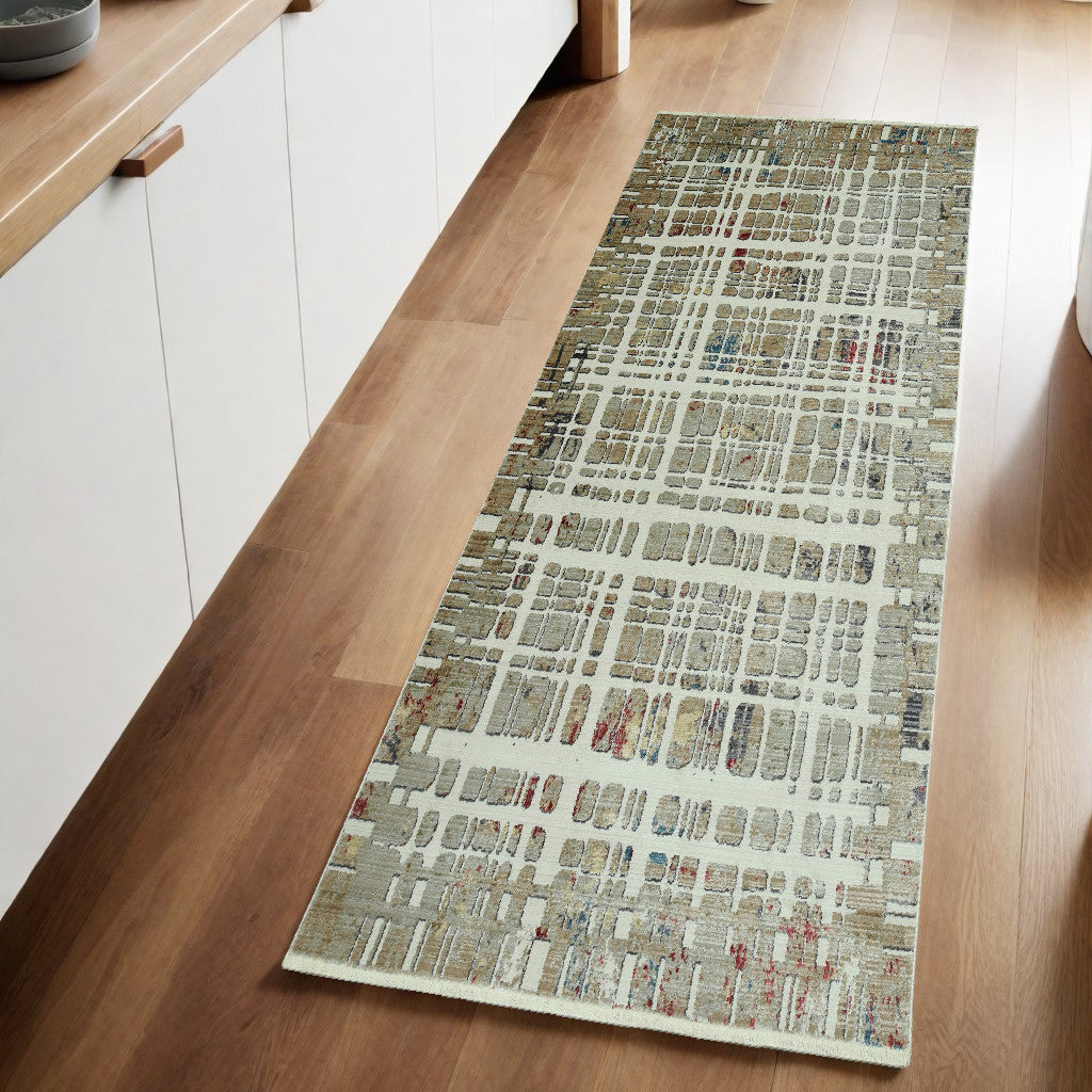 8' Runner Ivory Abstract Runner Rug