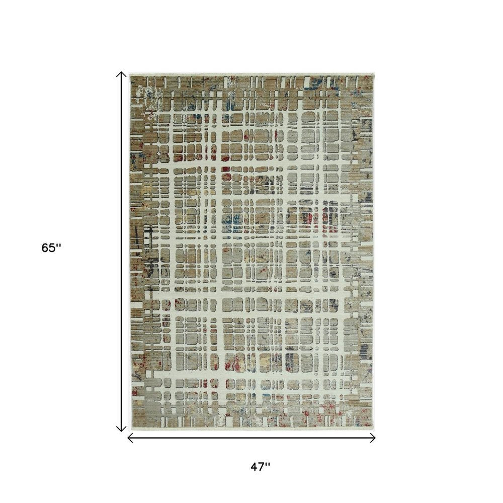 4' X 6' Ivory Red And Blue Abstract Area Rug