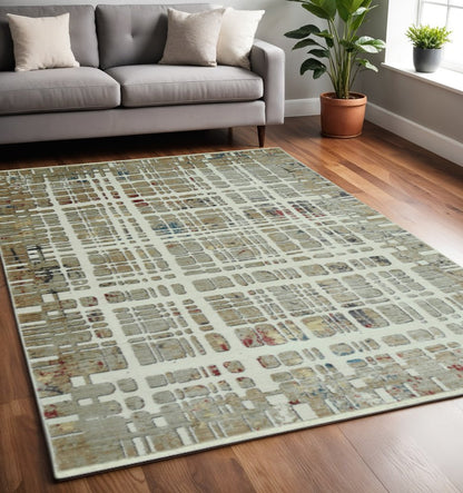 5' X 8' Ivory Red And Blue Abstract Area Rug