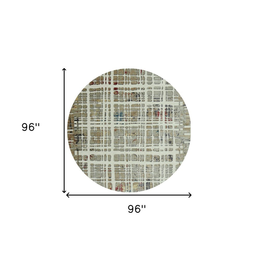 8' Ivory Red And Blue Abstract Round Rug