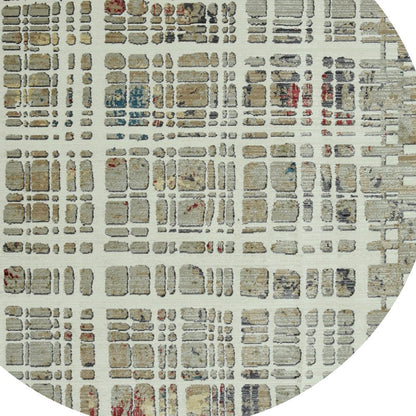 8' Ivory Red And Blue Abstract Round Rug