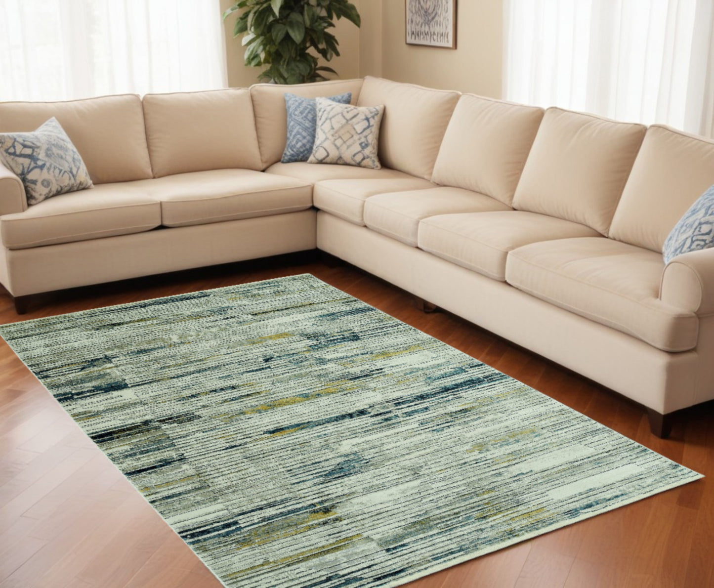 8' X 11' Ivory and Blue Abstract Area Rug