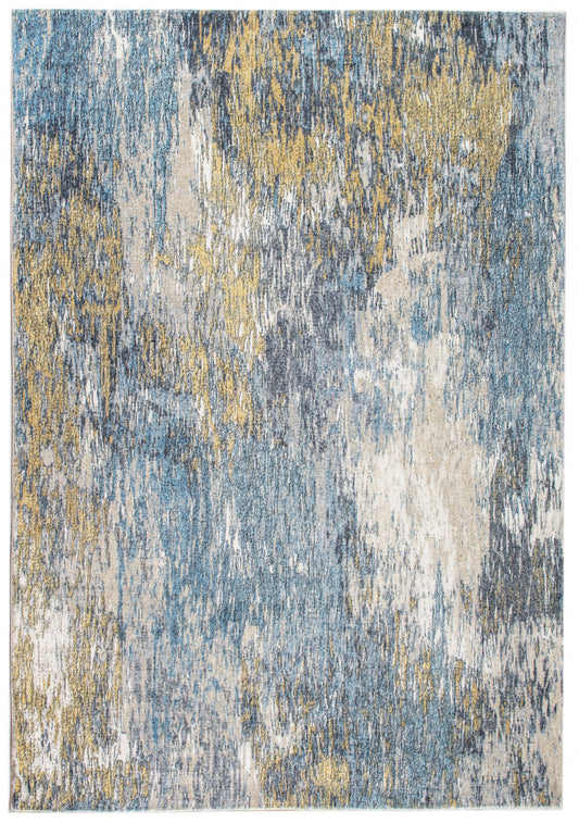 8' Runner Blue and Gold Abstract Runner Rug