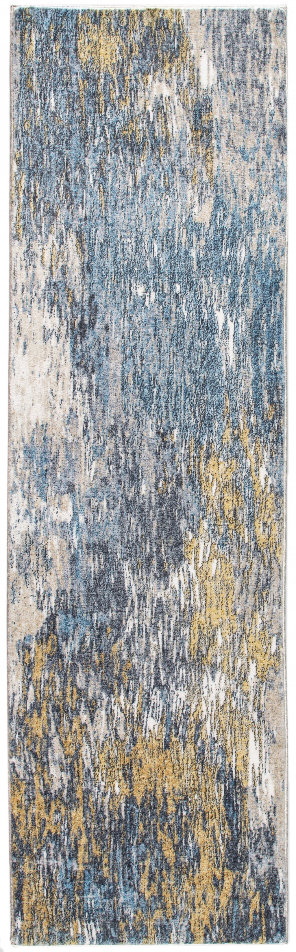 8' Runner Blue and Gold Abstract Runner Rug