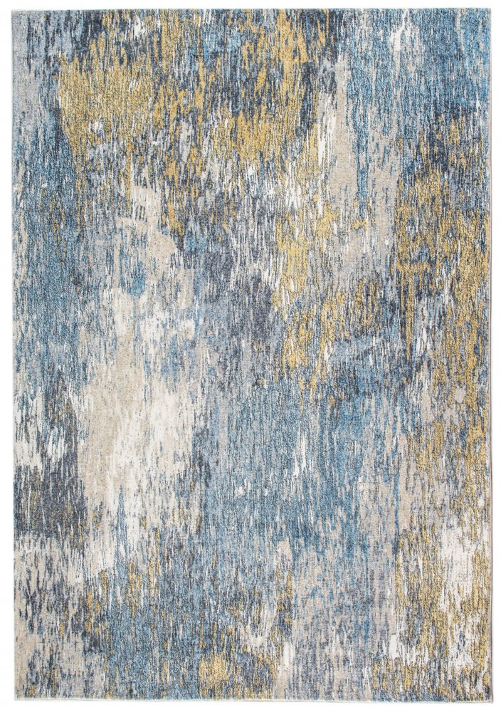 Abstract blue and gold area rug with a textured, painterly pattern.
