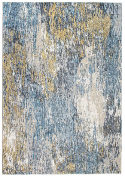 Abstract blue, gold, cream and gray area rug with distressed pattern and soft textured pile.