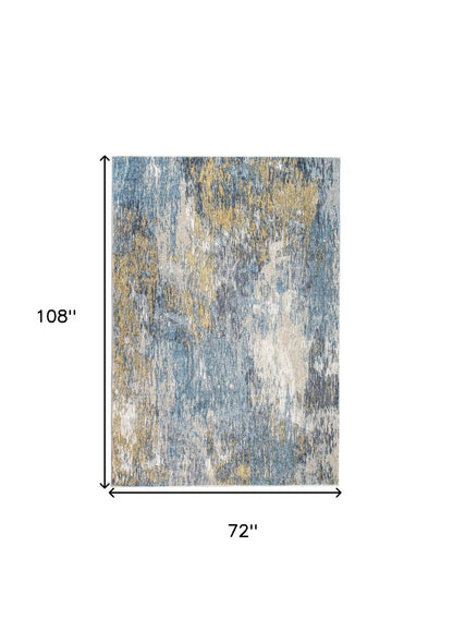 Rectangular blue and gold abstract area rug with a distressed pattern (72 by 108 inches).