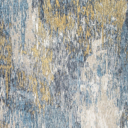 Rectangular area rug with abstract brushstroke pattern in blue, gray, cream & mustard yellow; textured modern home decor.
