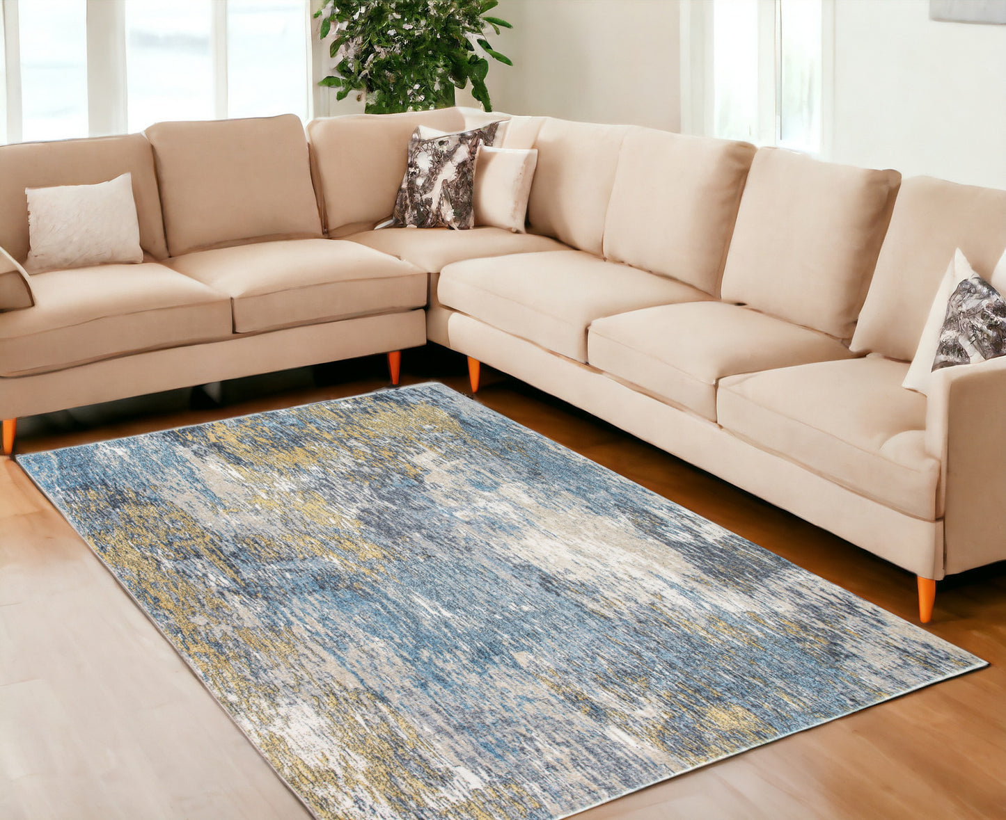6' x 9' Blue and Gold Abstract Area Rug