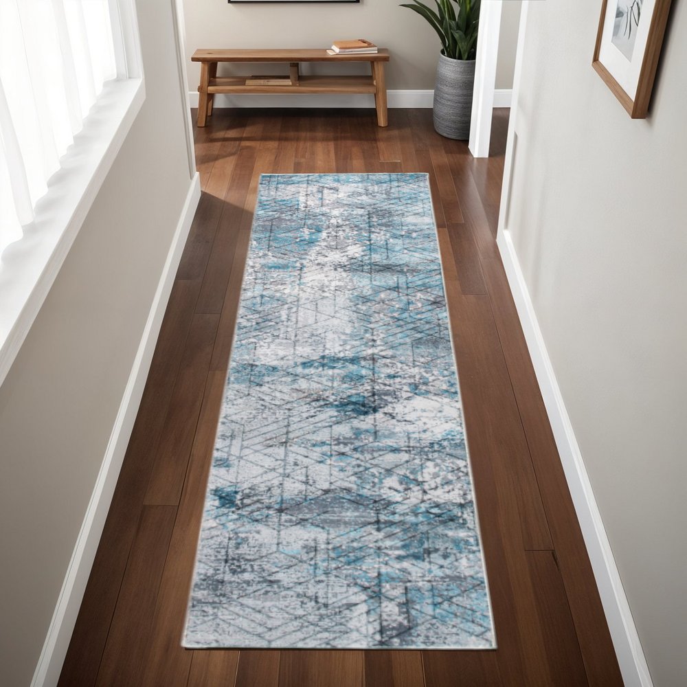 2' X 7' Blue Gray Abstract Cuboid Modern Runner Rug