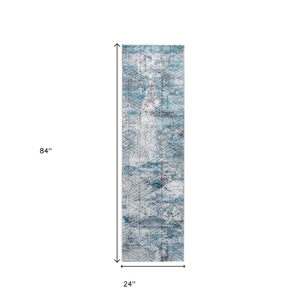 2' X 7' Blue Gray Abstract Cuboid Modern Runner Rug