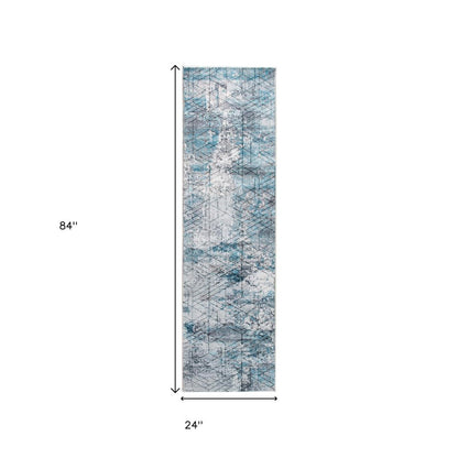 2' X 7' Blue Gray Abstract Cuboid Modern Runner Rug