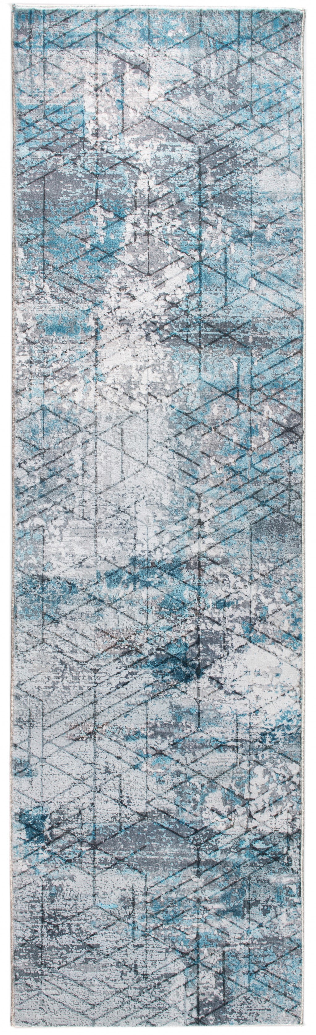 2' X 7' Blue Gray Abstract Cuboid Modern Runner Rug