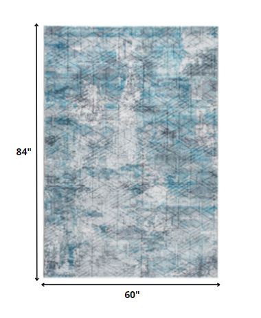 5' X 8' Blue Gray Abstract Cuboid Modern Area Rug