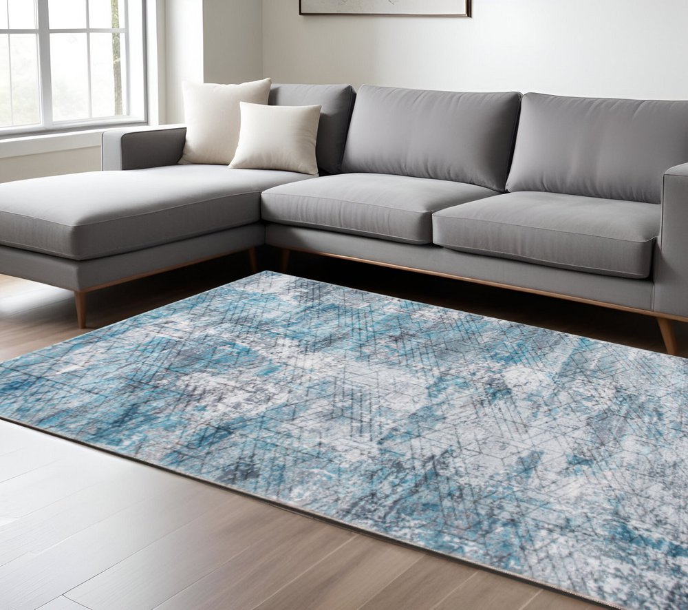 8' X 10' Blue Gray Abstract Cuboid Modern Area Rug