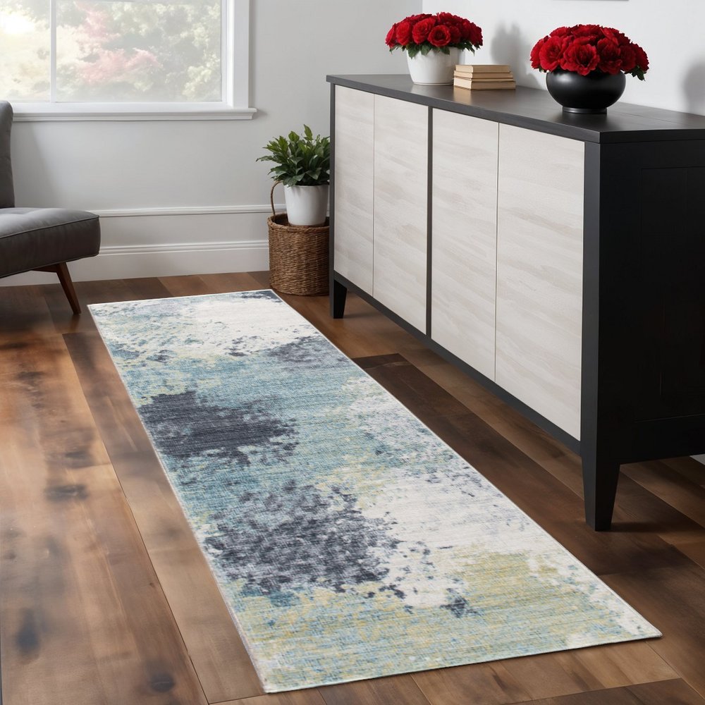 8' Blue And Ivory Abstract Runner Rug