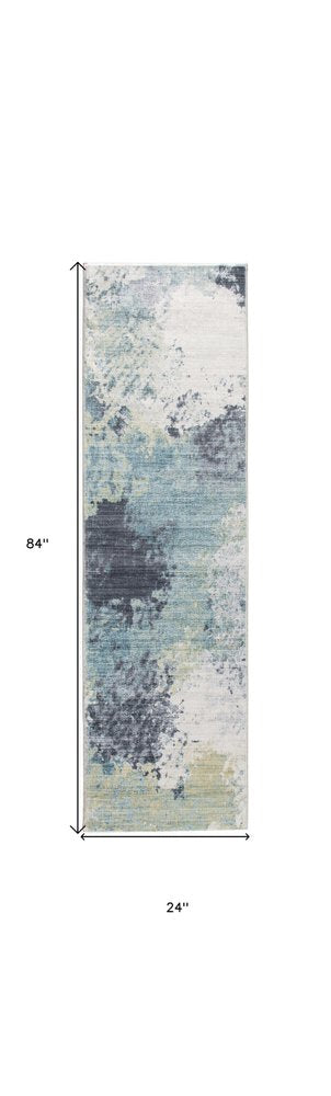 8' Blue And Ivory Abstract Runner Rug