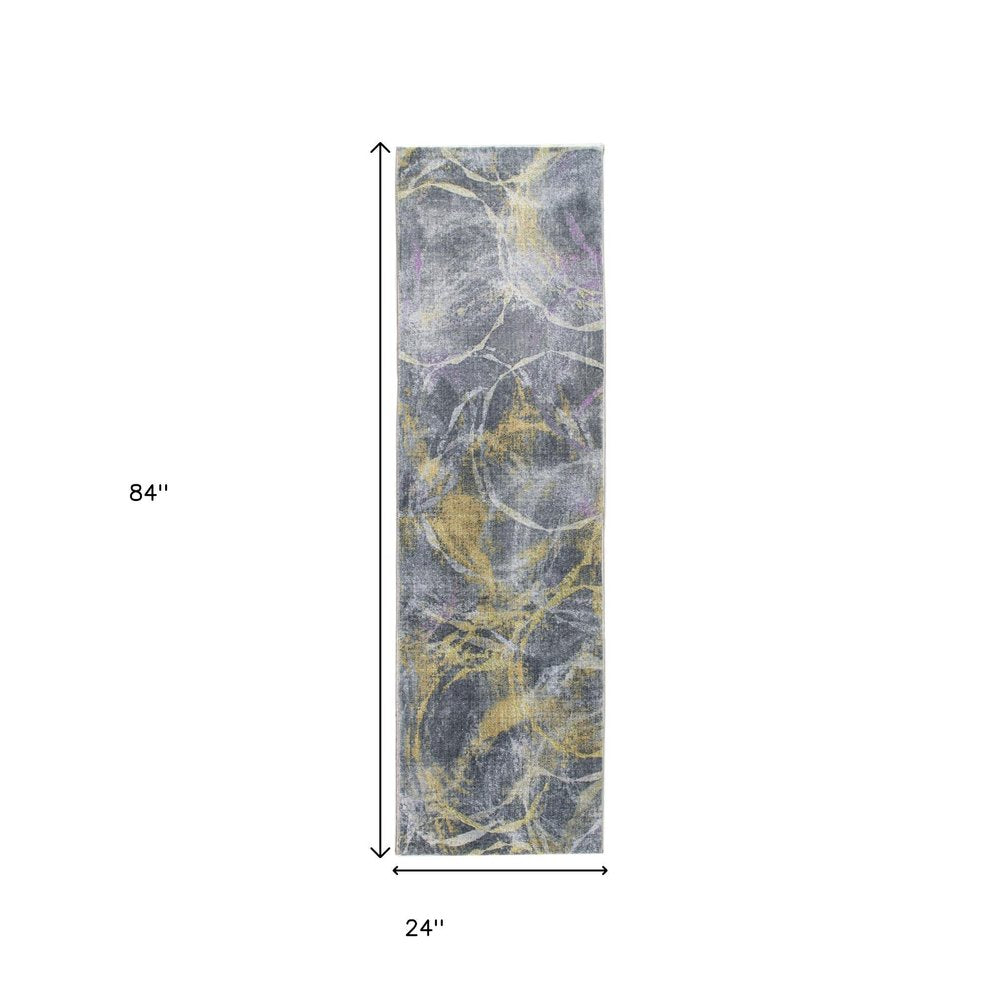 8' Gray Yellow And Purple Abstract Runner Rug