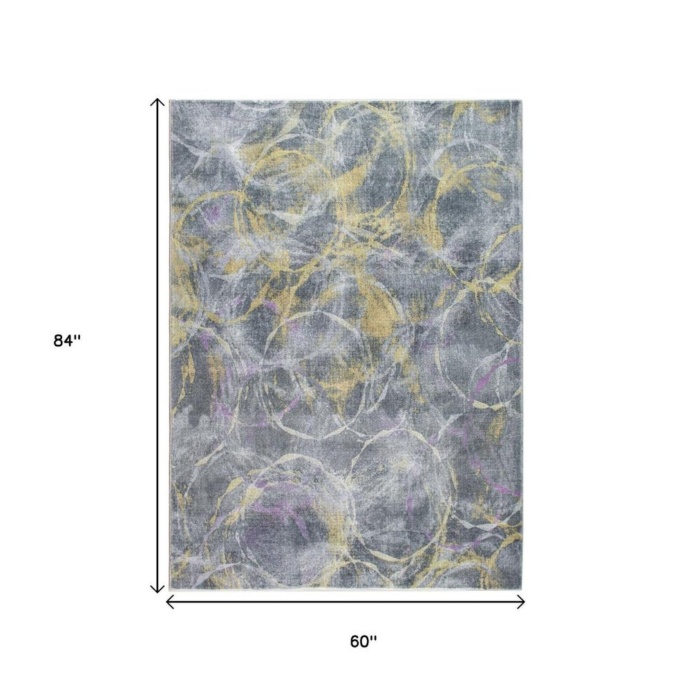 5' X 8' Gray Yellow And Purple Abstract Area Rug