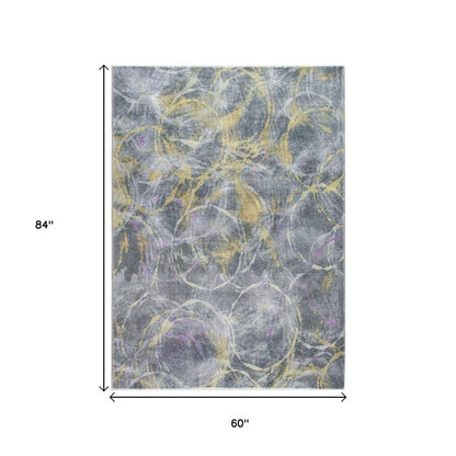 5' X 8' Gray Yellow And Purple Abstract Area Rug