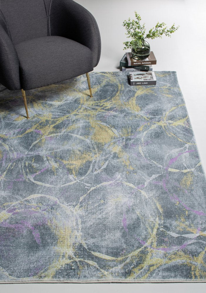 5' X 8' Gray Yellow And Purple Abstract Area Rug