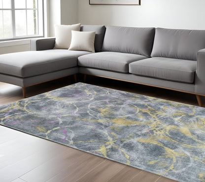 8' X 10' Gray Yellow And Purple Abstract Area Rug