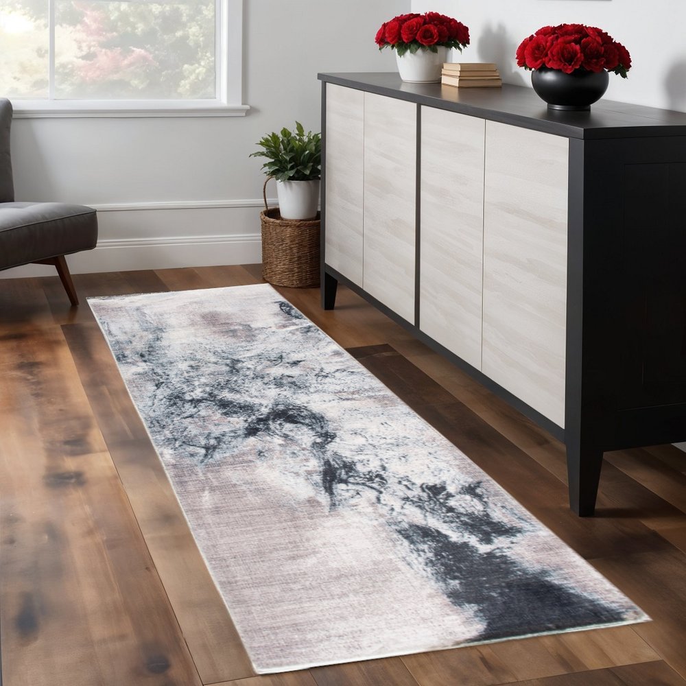 8' Sand Ivory And Black Abstract Runner Rug