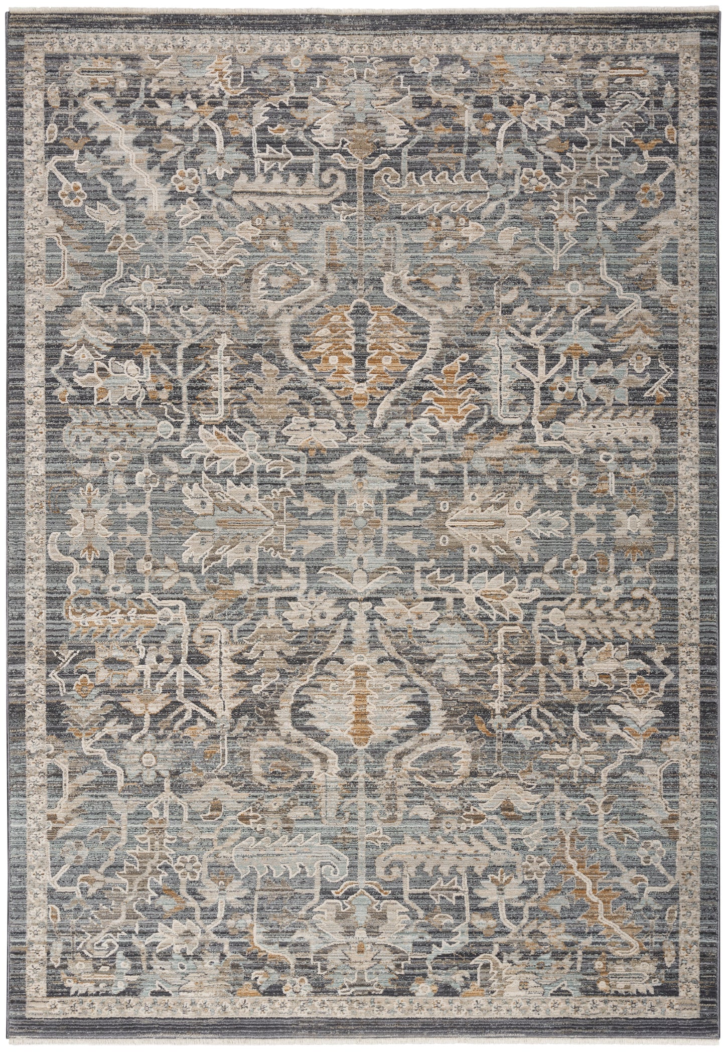 Blue-gray oriental area rug with ivory and tan floral motifs and an ornate border.