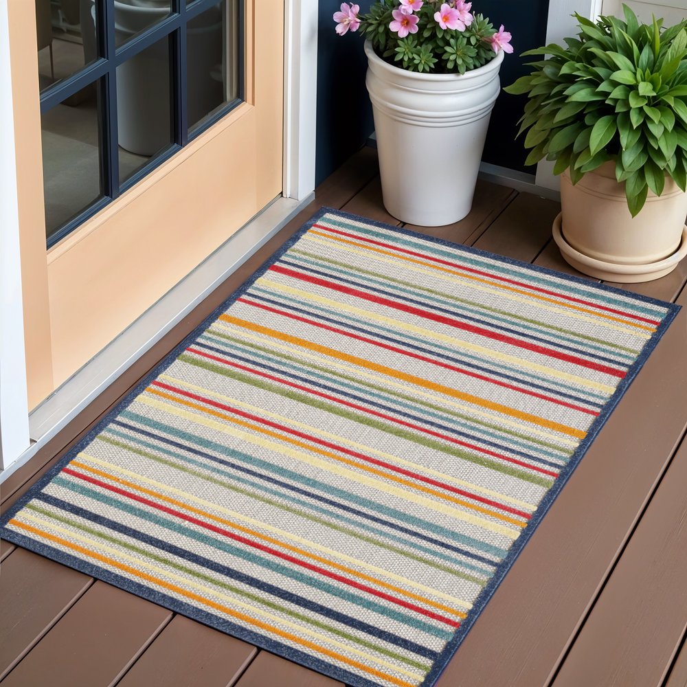 2' X 4' Ivory And Blue Indoor Outdoor Area Rug