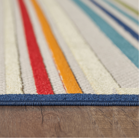 5' X 7' Ivory And Blue Striped Stain Resistant Indoor Outdoor Area Rug