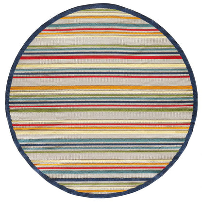 8' Round Ivory And Blue Round Striped Stain Resistant Indoor Outdoor Area Rug