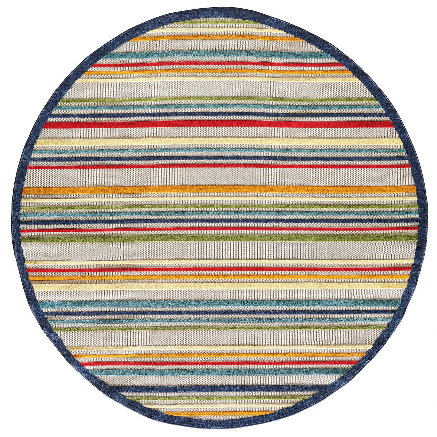 8' Round Ivory And Blue Round Striped Stain Resistant Indoor Outdoor Area Rug