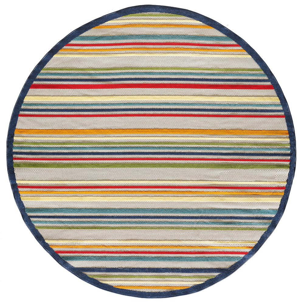 8' Round Ivory And Blue Round Striped Stain Resistant Indoor Outdoor Area Rug