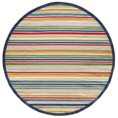 8' Round Ivory And Blue Round Striped Stain Resistant Indoor Outdoor Area Rug