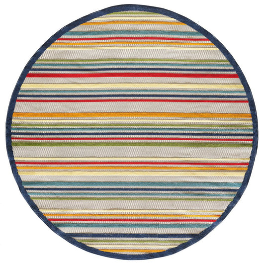 8' Round Ivory And Blue Round Striped Stain Resistant Indoor Outdoor Area Rug