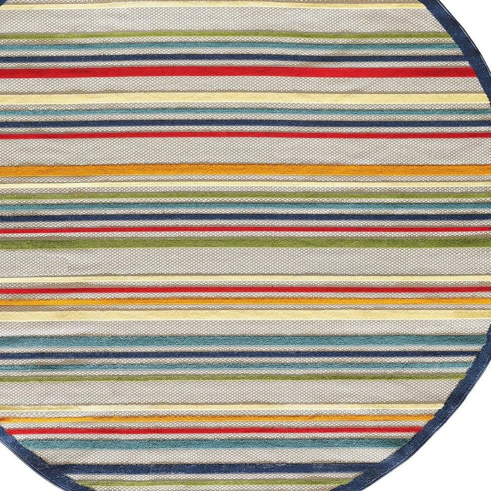 8' Round Ivory And Blue Round Striped Stain Resistant Indoor Outdoor Area Rug