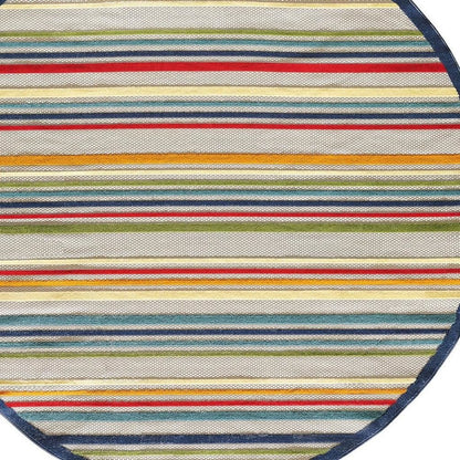 8' Round Ivory And Blue Round Striped Stain Resistant Indoor Outdoor Area Rug