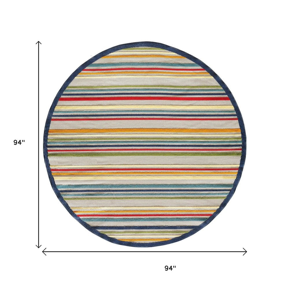 8' Round Ivory And Blue Round Striped Stain Resistant Indoor Outdoor Area Rug