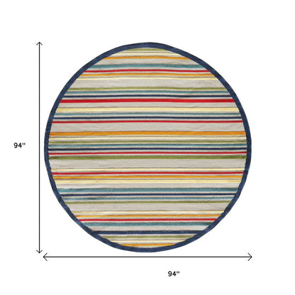 8' Round Ivory And Blue Round Striped Stain Resistant Indoor Outdoor Area Rug