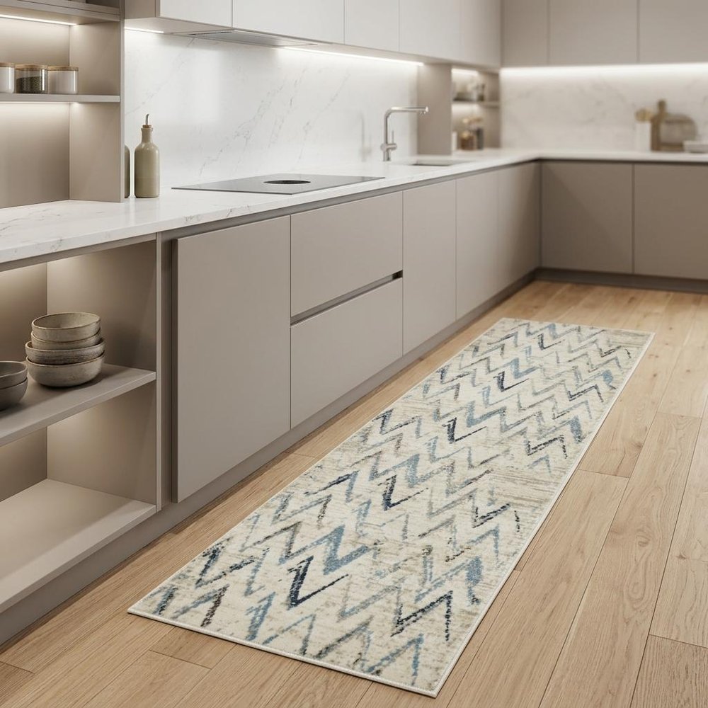 8' Ivory And Blue Chevron Runner Rug