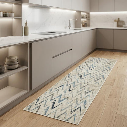 8' Ivory And Blue Chevron Runner Rug
