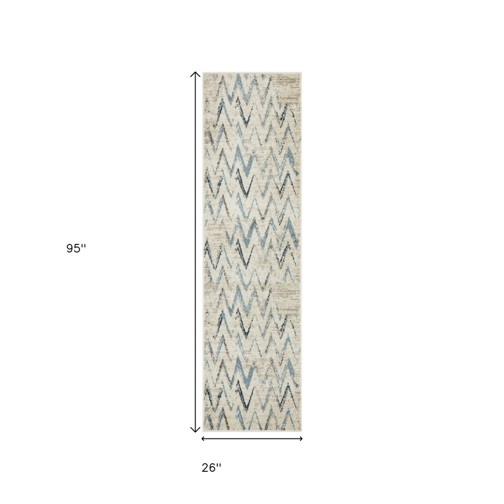 8' Ivory And Blue Chevron Runner Rug