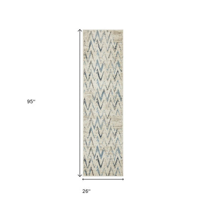 8' Ivory And Blue Chevron Runner Rug