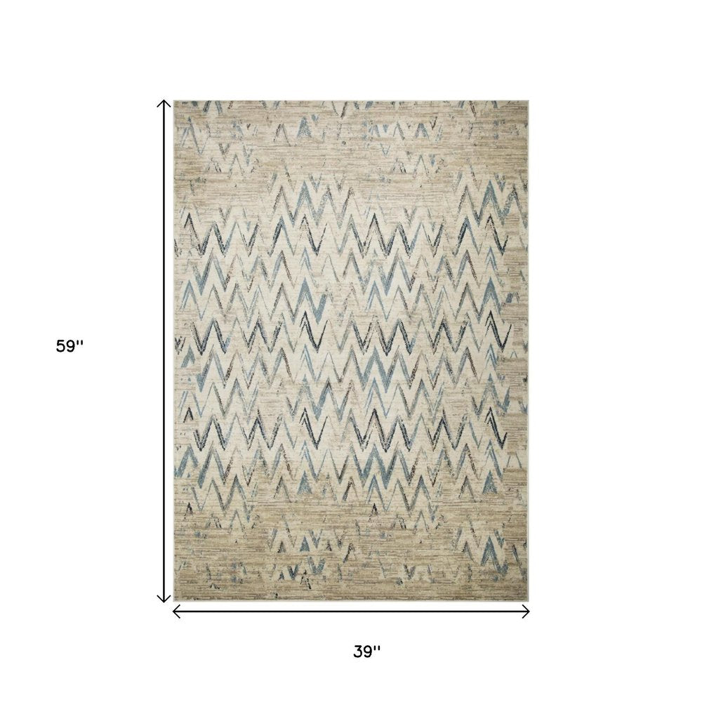 3' X 5' Ivory And Blue Chevron Area Rug