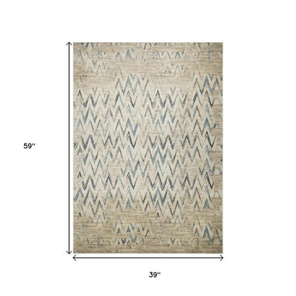 3' X 5' Ivory And Blue Chevron Area Rug