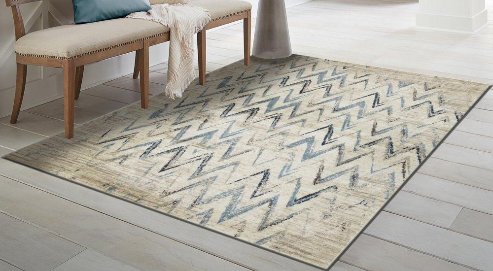 3' X 5' Ivory And Blue Chevron Area Rug