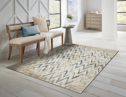5' X 8' Ivory And Blue Chevron Area Rug