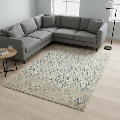 8' X 11' Ivory And Blue Chevron Area Rug