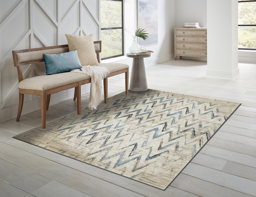 8' X 11' Ivory And Blue Chevron Area Rug