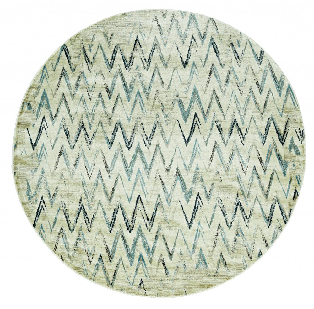 8' Ivory And Blue Chevron Round Rug